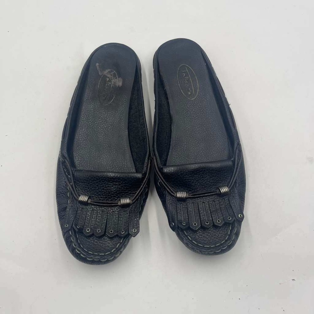 Talbots Womens Black Leather Kiltie Fringe Mules Studded Slip On Loafers Size 6B